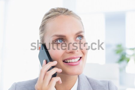 [[stock_photo]]: Femme · d'affaires · téléphone · portable · bureau · souriant · affaires