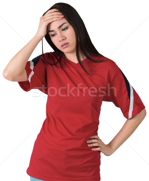 Foto stock: Desapontado · futebol · ventilador · olhando · para · baixo · branco · vermelho