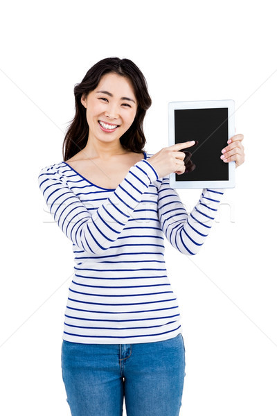 Stock foto: Heiter · Frau · Hinweis · Tablet-Computer · weiß · glücklich