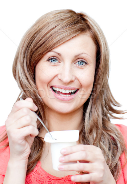 Mujer hermosa comer yogurt blanco alimentos feliz Foto stock © wavebreak_media