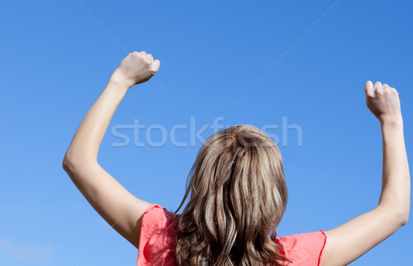 Stock foto: Glücklich · Frau · Luft · Freien · blauer · Himmel · Lächeln