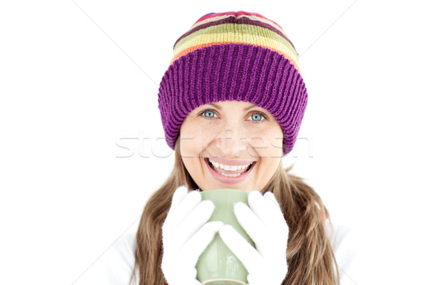 Gelukkig vrouw beker koffie witte Stockfoto © wavebreak_media