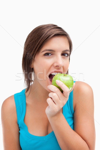 Foto stock: Atraente · mulher · jovem · alimentação · verde · maçã · feliz