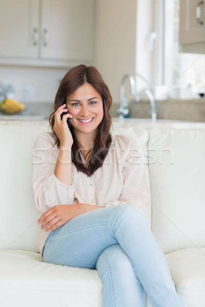 Foto stock: Mulher · sessão · sofá · sala · de · estar · casa · feliz