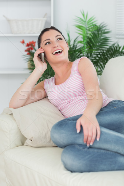 Stockfoto: Vrouw · bank · woonkamer · gelukkig · home