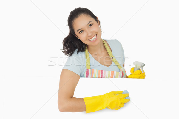 Stok fotoğraf: Mutlu · kadın · lastik · eldiven · önlük · beyaz · yüzey