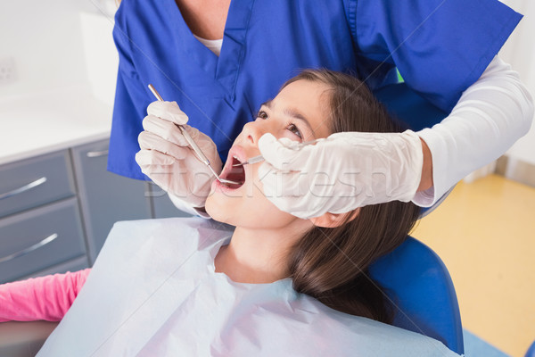 Pediatric dentist doing examination at a scared young patient Stock photo © wavebreak_media