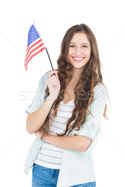 Stock fotó: Női · diák · tart · amerikai · zászló · fehér · zászló