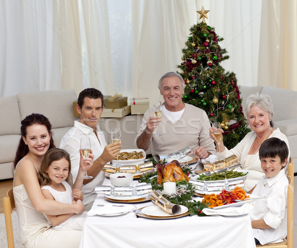 Stockfoto: Familie · witte · wijn · christmas · diner · home · meisje