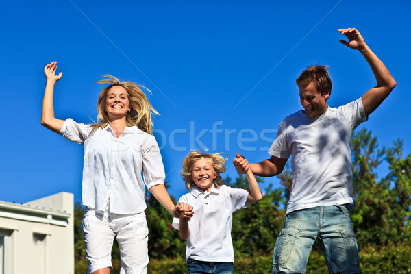 Stockfoto: Positief · kaukasisch · familie · spelen · tuin · blauwe · hemel