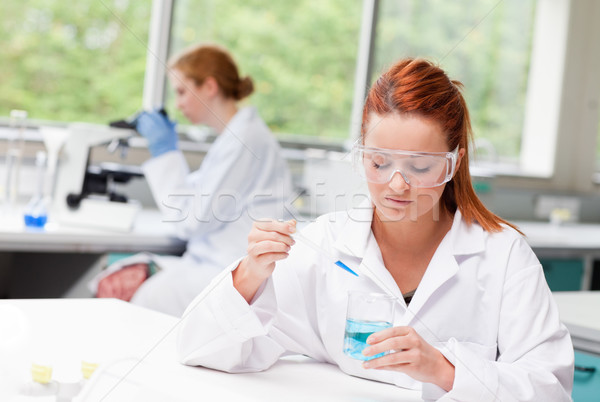 科學家 藍色 液體 燒杯 實驗室 女子 商業照片 © wavebreak_media