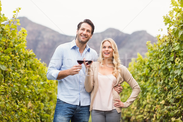 Stock photo: Young happy couple holding a glass of wine and looking in the di