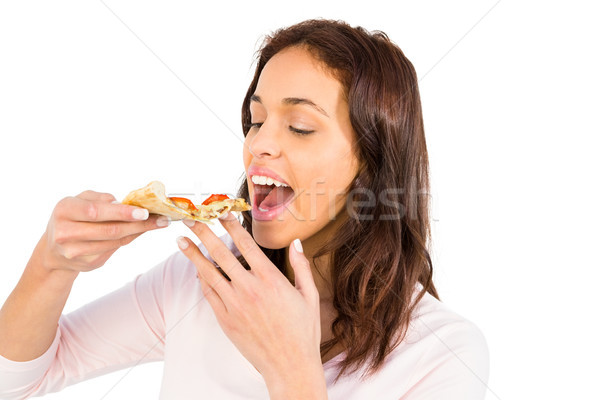 Stockfoto: Glimlachende · vrouw · eten · plakje · pizza · witte · voedsel