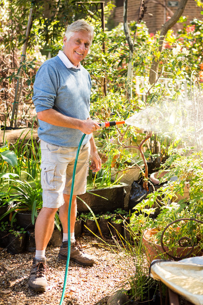 Portrait of gardener watering plants from hose at garden Stock photo © wavebreak_media