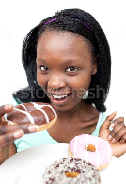 吸引力 年輕女子 吃 巧克力 油炸圈餅 白 商業照片 © wavebreak_media