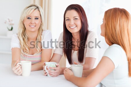 [[stock_photo]]: Souriant · femmes · canapé · comprimé · salon · internet