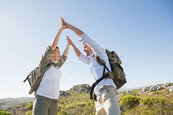 Hiking couple high fiving on mountain terrain Stock photo © wavebreak_media