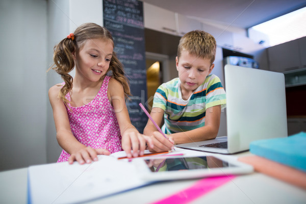 Stockfoto: Broers · en · zussen · huiswerk · keuken · home · computer · gelukkig