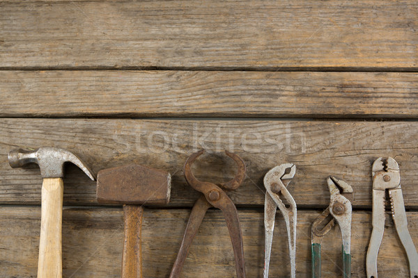 Vue rouillée main outils table en bois bois [[stock_photo]] © wavebreak_media