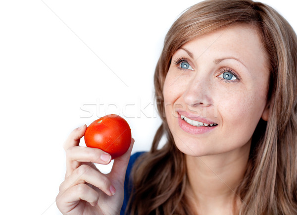 Pozitiv femeie tomate izolat alb Imagine de stoc © wavebreak_media