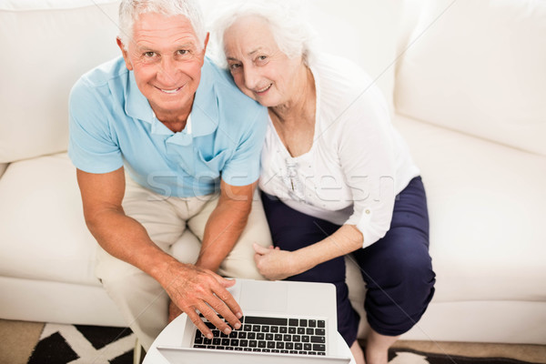 Foto d'archivio: Sorridere · utilizzando · il · computer · portatile · home · computer · donna