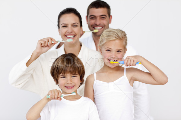 Család takarítás fogak fürdőszoba boldog család nő Stock fotó © wavebreak_media