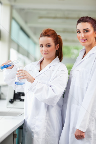 Portrait of scientists pouring blue liquid in an Erlenmeyer flask in a laboratory Stock photo © wavebreak_media