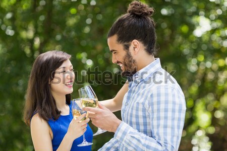 Man and a woman drinking wine while linking their arms together in a park Stock photo © wavebreak_media