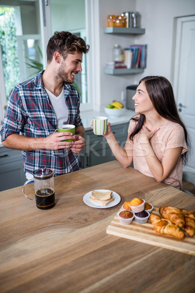 Stockfoto: Gelukkig · paar · ontbijt · samen · home · vrouw