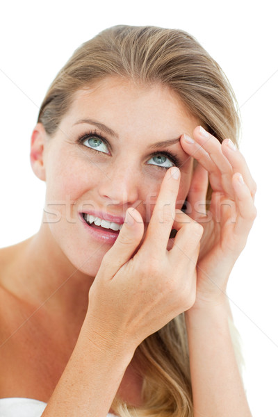 Atractiv femeie lentile de contact izolat alb Imagine de stoc © wavebreak_media
