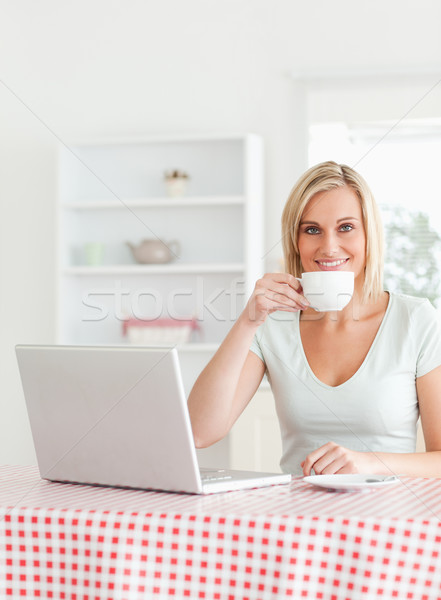 Woman drinking coffee with notebook in front of her in the kitchen Stock photo © wavebreak_media
