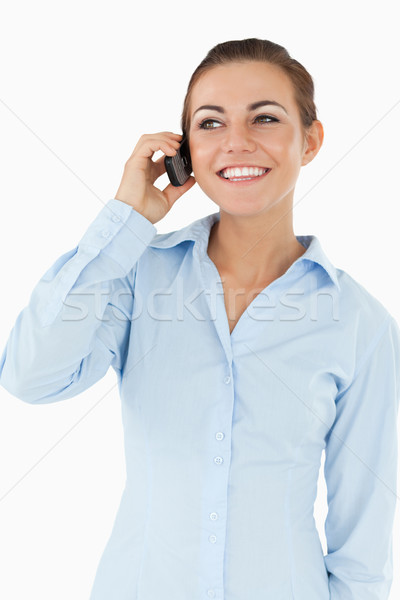 Foto stock: Feliz · empresária · telefone · branco · negócio · sorrir