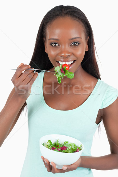 Foto stock: Sorridente · mulher · jovem · branco · comida · sorrir