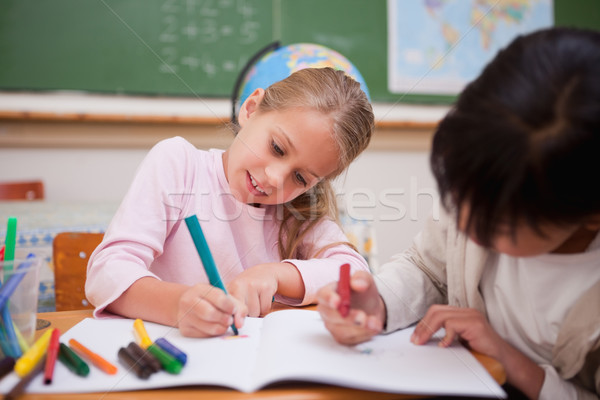 [[stock_photo]]: Cute · écolières · dessin · classe · fille · école