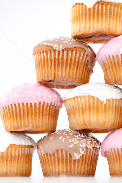 [[stock_photo]]: Huit · muffins · sucre · glace · pyramide · blanche