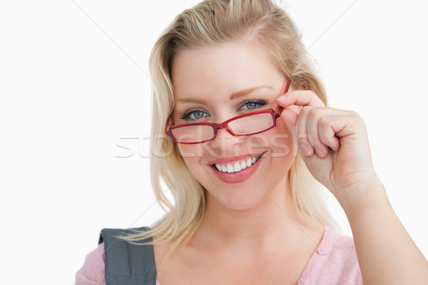Stok fotoğraf: Mutlu · genç · kadın · kırmızı · gözlük · beyaz