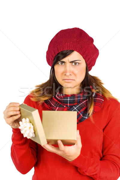 Ongelukkig brunette opening christmas geschenk witte Stockfoto © wavebreak_media