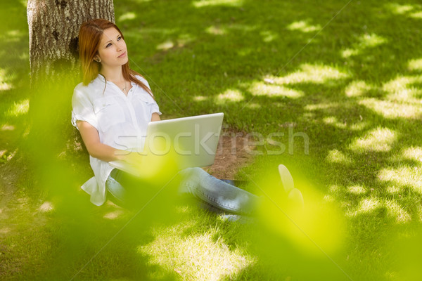 Stock photo: Pretty redhead sitting against a trunk with her laptop