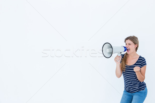 Foto stock: Mulher · alto-falante · branco · alto-falante · gritar