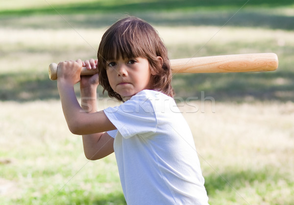 Foto stock: Primer · plano · adorable · nino · jugando · béisbol · parque