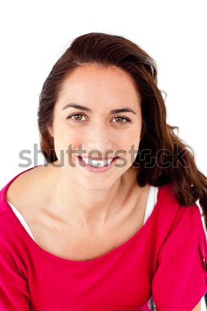 Alegre hispânico mulher sorrindo câmera branco vermelho Foto stock © wavebreak_media
