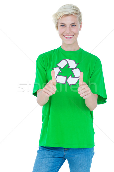 Szőke nő visel újrahasznosítás póló gesztikulál remek Stock fotó © wavebreak_media