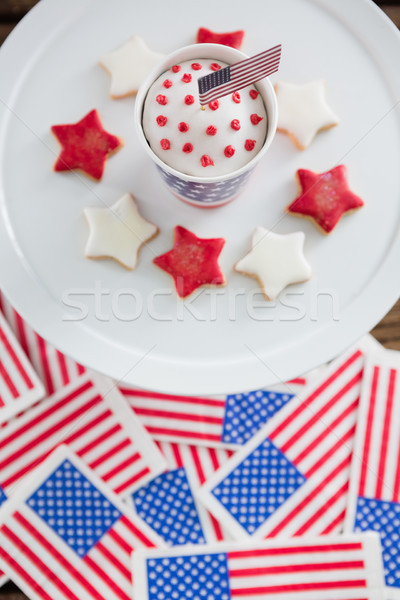 Stock fotó: Hazafias · kávé · amerikai · zászló · közelkép · fa · asztal · kék