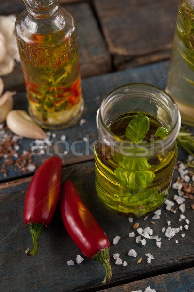 High angle view of jalapeno pepper by spices and herbs with oil in containers Stock photo © wavebreak_media