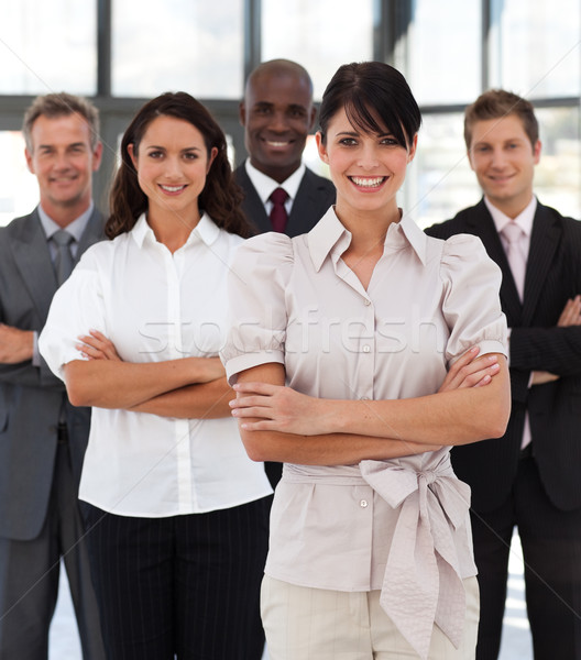 Foto stock: Equipo · de · negocios · oficina · fondo · empresario · grupo · traje