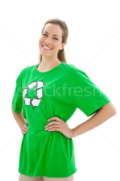 Stock fotó: Mosolygó · nő · visel · újrahasznosítás · szimbólum · póló · mosolyog