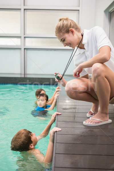 Foto stock: Bastante · natación · entrenador · nino · tiempo