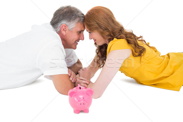 Foto stock: Casual · casal · piso · piggy · bank · branco · mulher