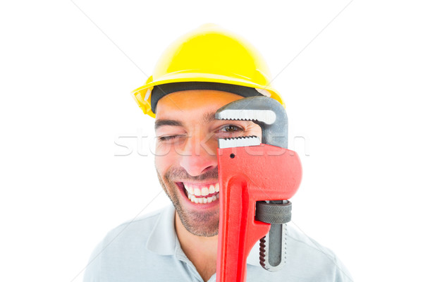 Cheerful handyman looking through monkey wrench Stock photo © wavebreak_media