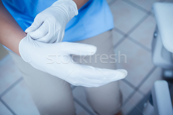 Stock foto: Weiblichen · Zahnarzt · tragen · chirurgisch · Handschuh